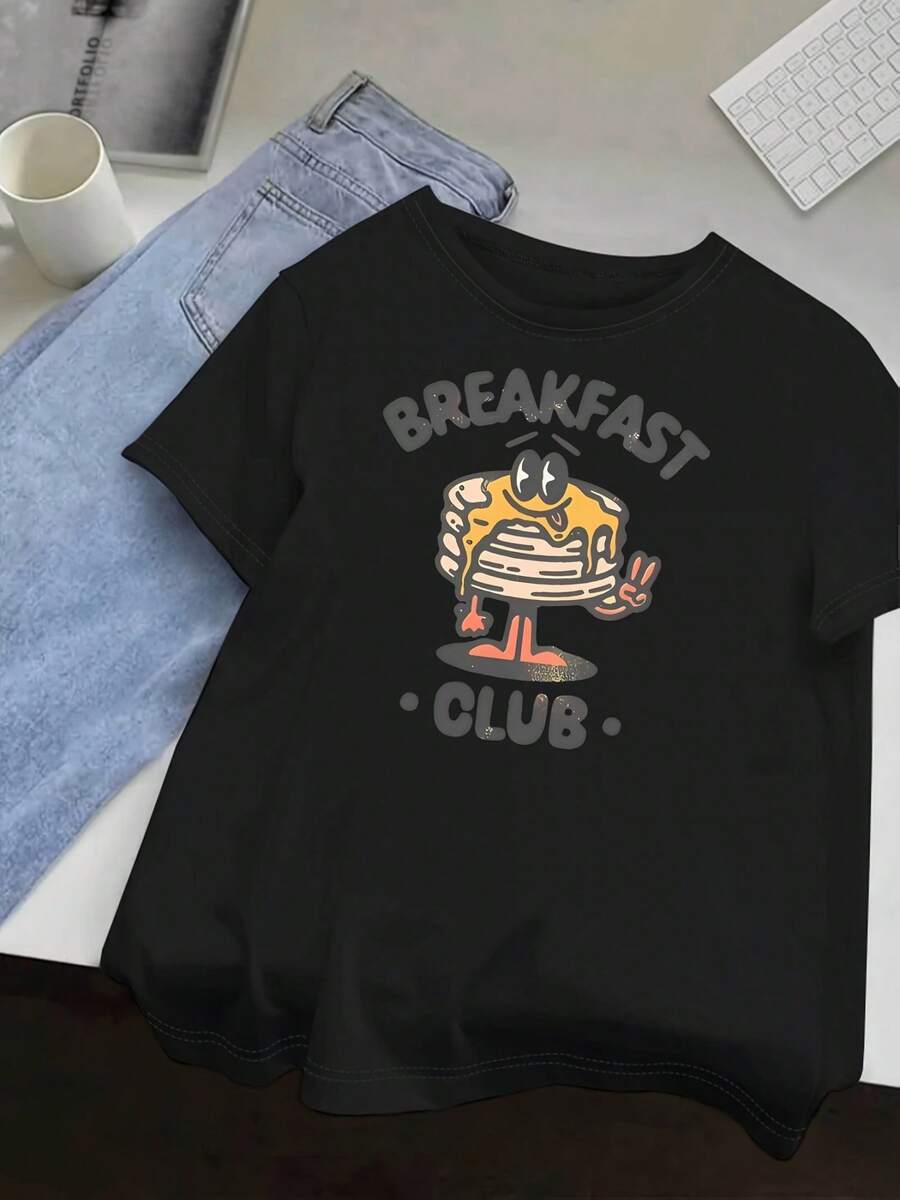 | Exquisite Design | Loose And Comfortable | Easy To Match | Lively Retro Design Of A Pancake Breakfast, Relaxed And Fresh Print, Women's Summer Short Sleeve T-Shirt, And Casual, Available In Various Colors And Sizes From S To XXL. - 黑色 - 查看 1