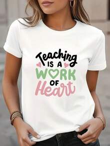 Women's Casual Sports T-Shirt With Text Design - Elastic Round Neck T-Shirt, Machine Washable, Comfortable Fit, For All Seasons, Brown Skin Woman Model In White T-Shirt. - White - View 7