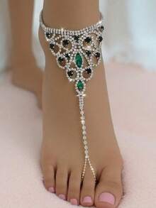 1pc Copper Toe Ring With Shiny Rhinestone Barefoot Anklet, Suitable For Women Bride Beach Wedding/Evening Party - Silver-green - View 1