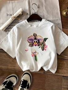 Limited Time Offer, Limited Quantities, Flash ! Women's Casual Shirts, Women's Polyester T-Shirts, Elegant Shirts. Blooming Butterfly Orchid Print T-Shirt, Short Sleeves, Round Neck, Women's Casual Wear - 白色 - 查看 1