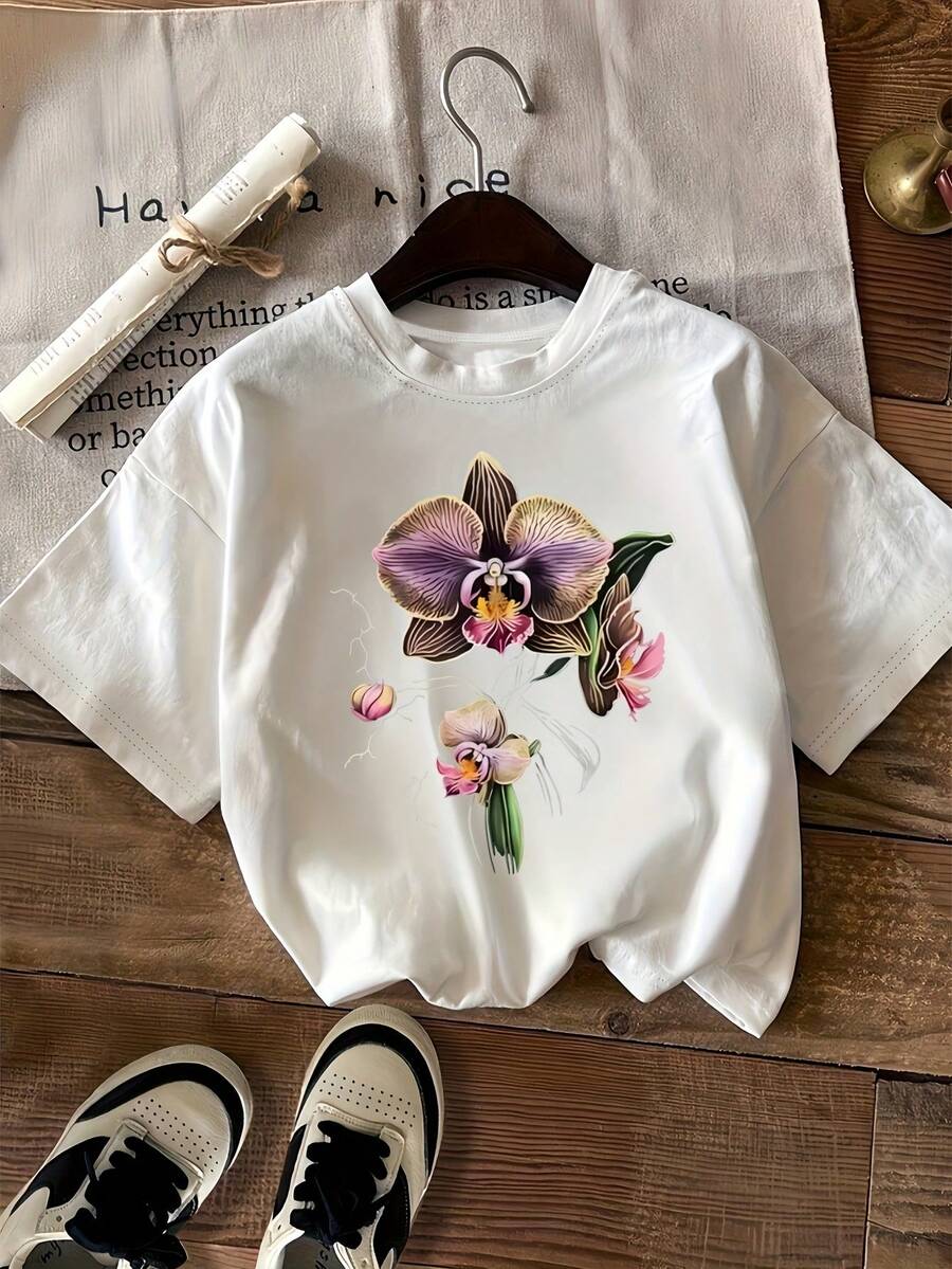 Limited Time Offer, Limited Quantities, Flash ! Women's Casual Shirts, Women's Polyester T-Shirts, Elegant Shirts. Blooming Butterfly Orchid Print T-Shirt, Short Sleeves, Round Neck, Women's Casual Wear - 白色 - 查看 1