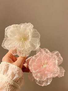 3 piezas Clip de pelo de tul con estampado floral dulce y etéreo - Clip para flequillo lateral bohemio para mujeres, accesorio para vacaciones y playa con acento central de flor - Multicolor - Ver 2