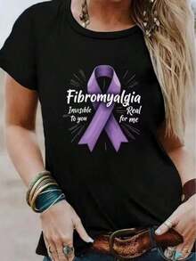 Versatile.1pac.100%Cotton.Women's T-Shirt Casual Everyday Wear Purple Ribbon Fibromyalgia Awareness Pattern Printed Top Casual T-Shirt Suitable For Daily Leisure.Moda Corte - 黑色 - 查看 1