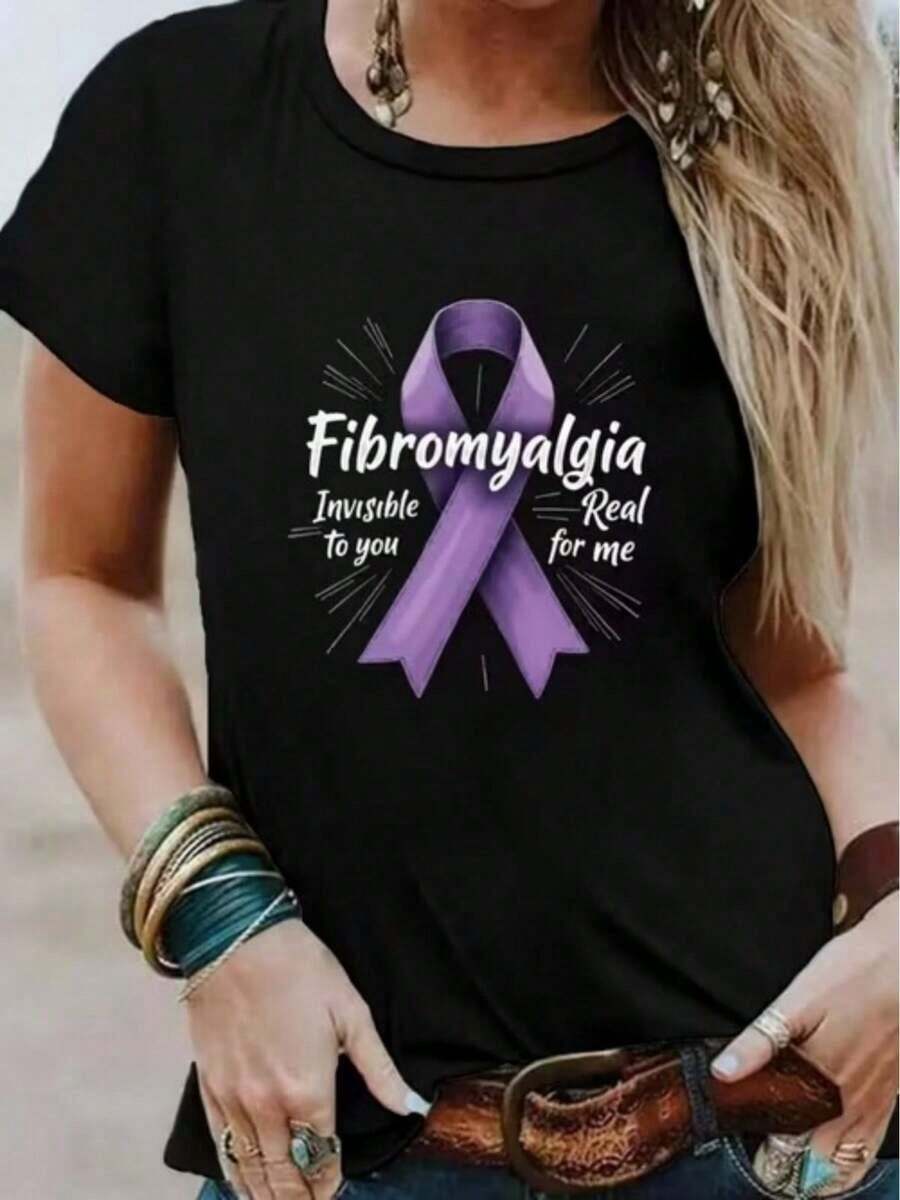 Versatile.1pac.100%Cotton.Women's T-Shirt Casual Everyday Wear Purple Ribbon Fibromyalgia Awareness Pattern Printed Top Casual T-Shirt Suitable For Daily Leisure.Moda Corte - 黑色 - 查看 1