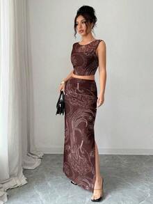 Vestido ajustado de mujer con abertura, de malla con efecto tie-dye degradado sin mangas, conjunto de 2 piezas - Café integral 5 - Ver 5
