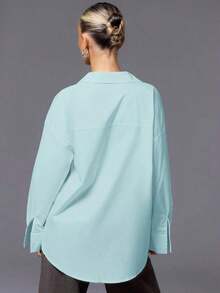 Camisa oversize con botones, ideal para vacaciones, aeropuerto, playa, escuela, trabajo, invierno, primavera, verano y ocasiones casuales en estilo Y2K - Celeste - Ver 3