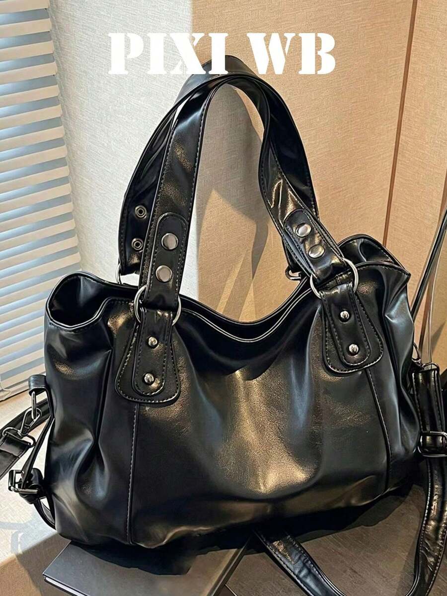 This Classic Black PU Tote Bag Features An Adjustable Shoulder Strap With Stud Embellishments, Perfect For Street Style, Working Women, And Students For Everyday Outings And Weekend Trips. - Black - View 1