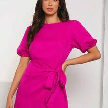 Vestido cruzado de manga farol con nudo delantero - Rosa Fucsia - Ver 5