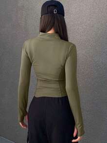 de forro polar de ajuste ceñido con cuello alto de unicolor para mujer, otoño e invierno - Verde militar - Ver 4