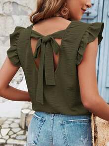 Blusa de verano para mujer con espalda cruzada, volantes y color sólido - Verde militar - Ver 6