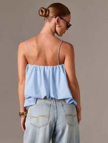 Top de camisola fruncido estilo bohemio con bajo abombado y tirantes ajustables para un estilo casual de verano - Azul - Ver 2