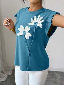 Camiseta de mujer con flores tridimensionales lindas y contrastantes para verano y otoño - Agua verde azul - Ver 6