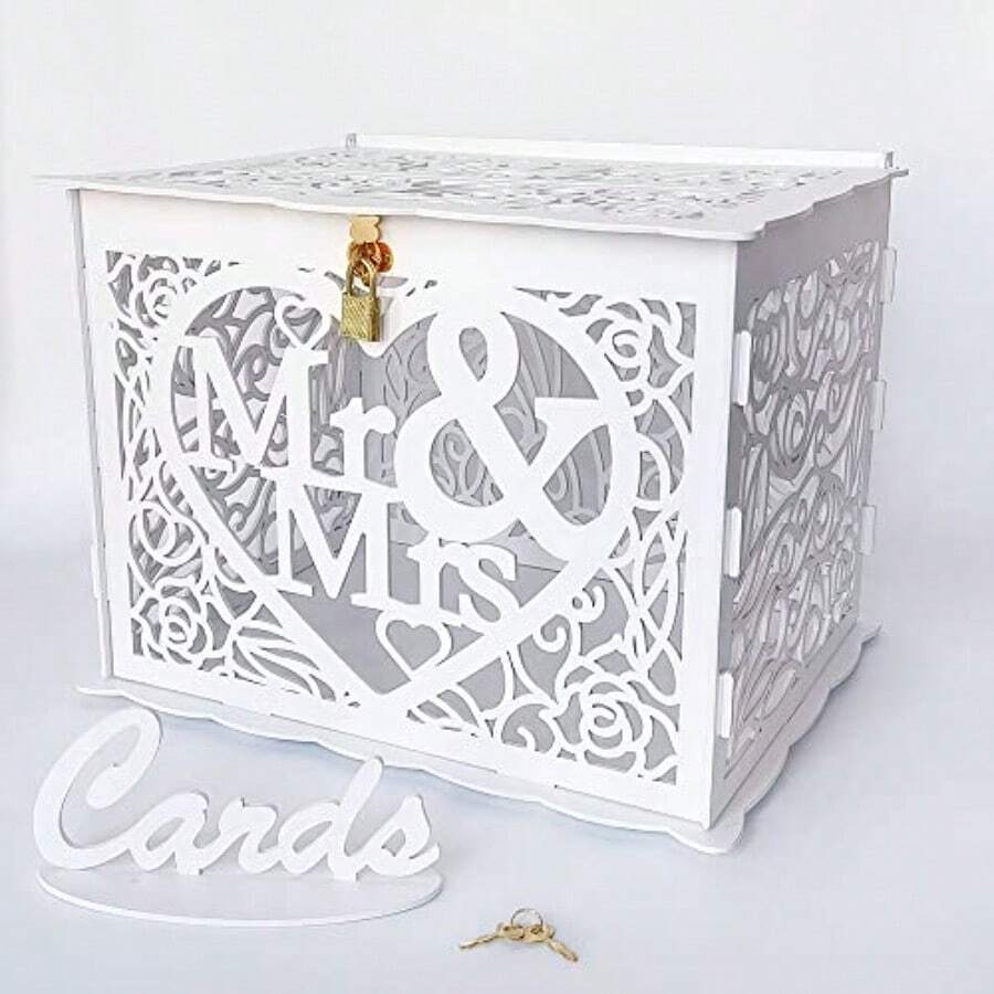 Money Box Holder For Receon, Rustic Wood DIY Envelop Gift Card W Box With Lock Ot, Brown, Large Capacity Ent Design - White - 查看 1