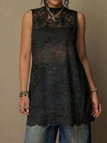 Freevana Blusa sin mangas con estampado floral vintage bohemio y encaje, talla grande, nueva llegada de primavera, adecuada para el Día de San Valentín, festivales de música - Negro - Ver 6