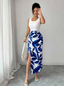 Vestido elegante y ajustado para mujer con estampado total y abertura hasta el muslo - Multicolor - Ver 5