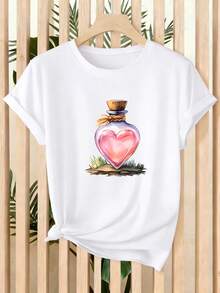 Limited Time Offer, Limited Quantities, Flash ! Women's Casual Shirts, Women's Polyester T-Shirts, Elegant Shirts. Women's Short-Sleeve Summer T-Shirt With Heart Potion Bottle Print - Casual Crew Neck Top, Suitable For Home, Office, And Travel, Machine-Washable Everyday Basic T-Shirt For Layering Or Wearing Alone - 白色 - 查看 9