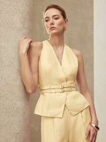 PREMIUM CHALECO DE LINO CON DOBLE LAZO EN LA CINTURA, PRIMAVERA/VERANO - Amarillo - Ver 6