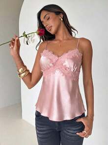 de satén con parches de encaje elegante y sexy para mujer - Rosa vieja - Ver 3