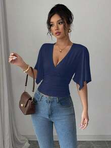 Top corto informal con mangas cortas y volantes asimétricos para vacaciones - Azul marino - Ver 3