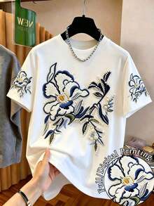 Camiseta de mujer de manga corta con cuello redondo y líneas de color contrastante - Multicolor 2 - Ver 1