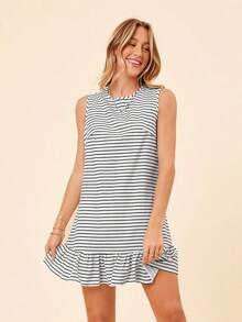 Vestido mini con estampado azul marino a rayas, adecuado para primavera y verano - Multicolor - Ver 5