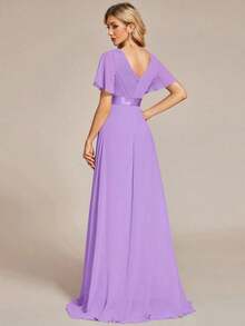 Vestido de dama de honor con cuello en V elegante, mangas con volantes y mariposa, color verde salvia, vestido de invitada de boda, vestido de primavera semi-formal para boda, fiesta de cumpleaños, graduación, Día de San Valentín - Lila Púrpura - Ver 2