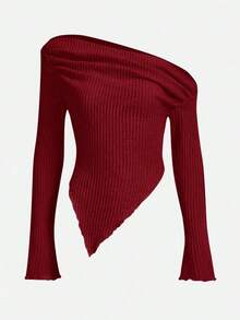ICON Camiseta con cuello asimétrico y borde de diente de lechuga, estilo Y2K Grunge - Rojo - Ver 1