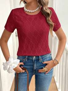 de mujer de manga corta, de cuello redondo, con bordado calado, de unicolor simple, para el verano - Burdeos - Ver 4
