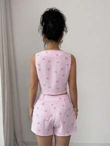 Conjunto de 2 piezas de chaleco y shorts casuales a rayas para mujer de verano - Rosa - Ver 2
