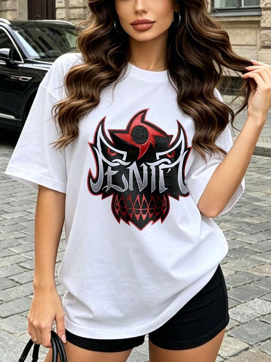 Women's Soft And Casual Short-Sleeved Crew Neck T-Shirt With A Red And Black Monster Graphic Print, Ideal For Everyday Wear In Spring And Summer. White. - 白色 - 查看 1