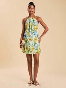 Vestido corto holgado con hombros al descubierto y estampado tejido para mujeres para vacaciones - Multicolor 2 - Ver 3