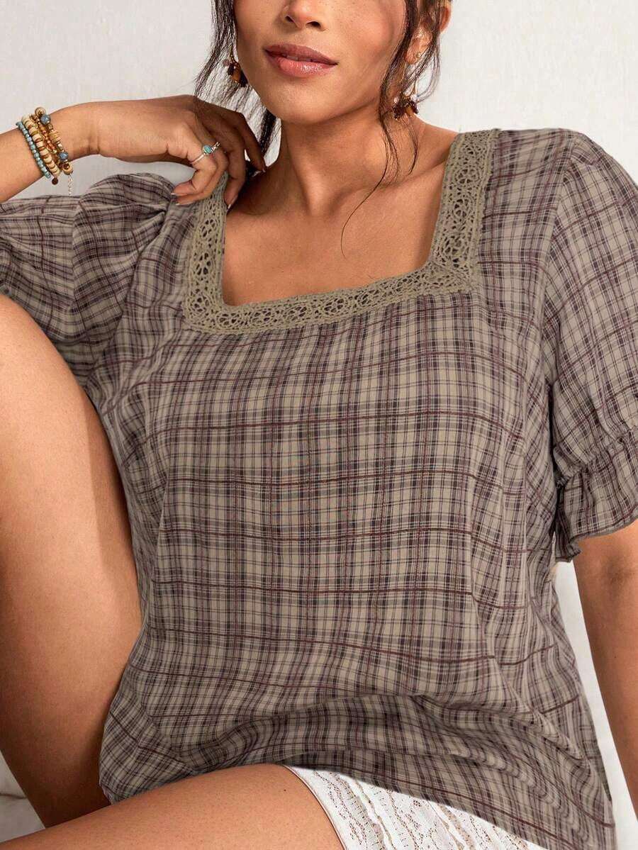 Blusa de manga corta con cuello cuadrado y parches de encaje de talla grande, blusa de manga abullonada - Café integral - Ver 1