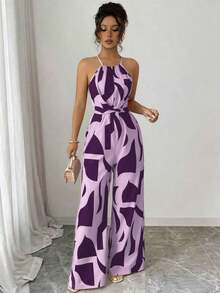 Mono de tela estampada con envolvente frontal para mujer, diseño que define la cintura para usar en ocasiones elegantes, ya sea de fiesta o diario - Morado - Ver 1