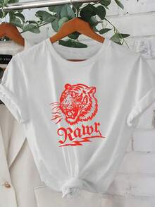 Women's Summer Short Sleeve T-Shirt, 1 Piece, 2D Geometric Roaring Tiger Head Design, Wild Charm. Treettyle | Youthful Design | Comfortable Fit, Cute Clothing - Unisex Cotton Loose Fit Short Sleeve Crew Neck Vintage Style T-Shirt. - 白色 - 查看 7