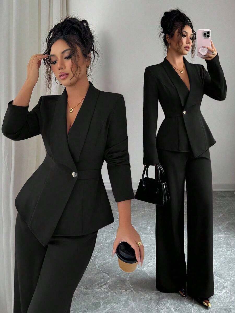 Conjunto de traje de mujer, tela de traje, cuello de solapa, manga larga, cintura ceñida con dobladillo asimétrico en línea A, decoración de botón de metal, sofisticado y elegante para la oficina, el transporte, el estilo callejero, el romanticismo francés, casual, vintage de Oriente Medio, té de la tarde, fiesta, Acción de Gracias, regreso a la escuela, primavera/otoño/invierno - Negro - Ver 1