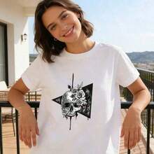 [Free National Shipping] Unisex Vintage Summer T-Shirts, Round Neck, Short Sleeve, Fun Graphic Print Of Skulls And Roses, Gothic Punk Style, Urban Clothing For Men And Women, Cotton Women's T-Shirts - 風格 - 查看 7