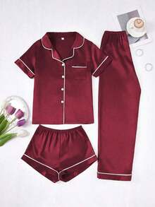 Conjunto de pijama de 3 piezas para mujer con cuello de seda falsa de unicolor y ribete contrastante - Burdeos 2 - Ver 1