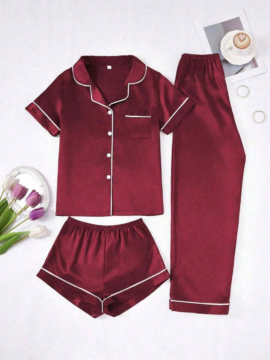 Conjunto de pijama de 3 piezas para mujer con cuello de seda falsa de unicolor y ribete contrastante - Burdeos 2 - Ver 1
