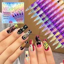 Flysea 12/24 peças/Conjunto Canetas de Arte de Unhas com Ponta de Metal, Canetas de Tinta Acrílica 0,5mm, Tinta de Arte de Unhas à Prova d'Água, Canetas de Ponto e Linha de Secagem Rápida DIY, Perfeito para Arte de Unhas Criativa Canetas de Arte de Unhas de Ponta Dupla, 12/24 Cores Canetas de Arte de Unhas Clássicas 0,7mm, Canetas de Pintura de Arte de Unhas, Canetas de Destaque e Contorno de Arte de Unhas DIY, Marcadores de Arte de Unhas, Conjunto de Marcadores de Arte de Unhas de Material ABS, - Multicolorido - Visão 11