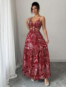 xheElenzga Vestido casual/de trabajo de longitud media sin mangas con estampado que estiliza la línea de la cintura para mujerxhe - Rosa Roja - Ver 4