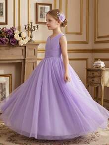 Vestido morado de fiesta de cumpleaños para niña preadolescente, vestido de niña de las flores con volantes de tul para boda - Morado - Ver 7
