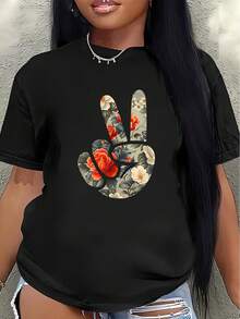 Camiseta de manga corta de poliéster, decorada con motivos florales y el símbolo de la paz, ligera y duradera, adecuada para el hogar, restaurantes o uso casual al aire libre, cómoda y ajustada para el uso diario.women's shirts - Negro - Ver 1