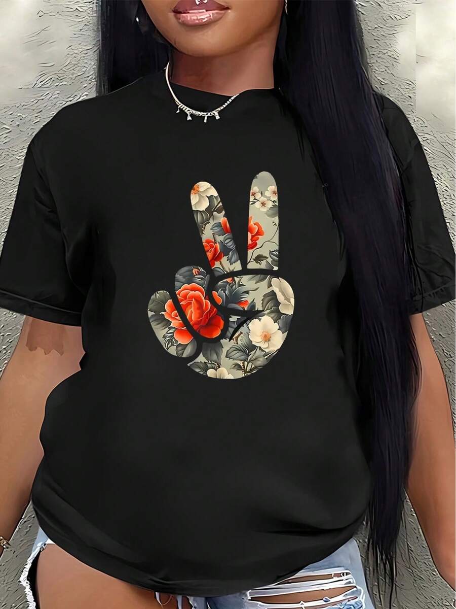 Camiseta de manga corta de poliéster, decorada con motivos florales y el símbolo de la paz, ligera y duradera, adecuada para el hogar, restaurantes o uso casual al aire libre, cómoda y ajustada para el uso diario.women's shirts - Negro - Ver 1