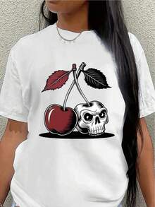 Polyester Short-Sleeved T-Shirt With A Cherry And Skull Design, Lightweight And Durable, Suitable For Casual Wear, Ideal For Parties, Cafes, Or Everyday Outfits, With Eye-Catching Prints And Color Combinations. - 白色 - 查看 7