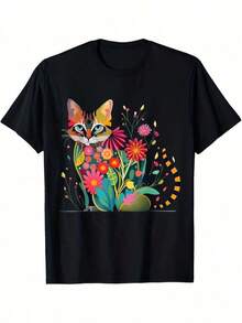 1 Piece Subt Floral Print T-Shirt, Zorro Glove, Daisy And Tulip 8647, For All Seasons, Cotton, Single-Sided Print, Round Neck, Short Sleeve, 180g, 100% Cotton, Designs Are Fully Printed. Unisex. - 黑色 36 - 查看 6
