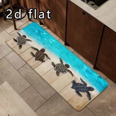 1pc/2pcs/3pcs Beach Sea Turtle Print Kitchen Floor Mat, Non-Slip Washable Ocean Style Decorative Rug For Kitchen, Living Room, Hallway, Bathroom And Indoor/Outdoor Entrance, Vacation Style Home Decor, Machine Washable, Absorbent And Anti-Slip Mat