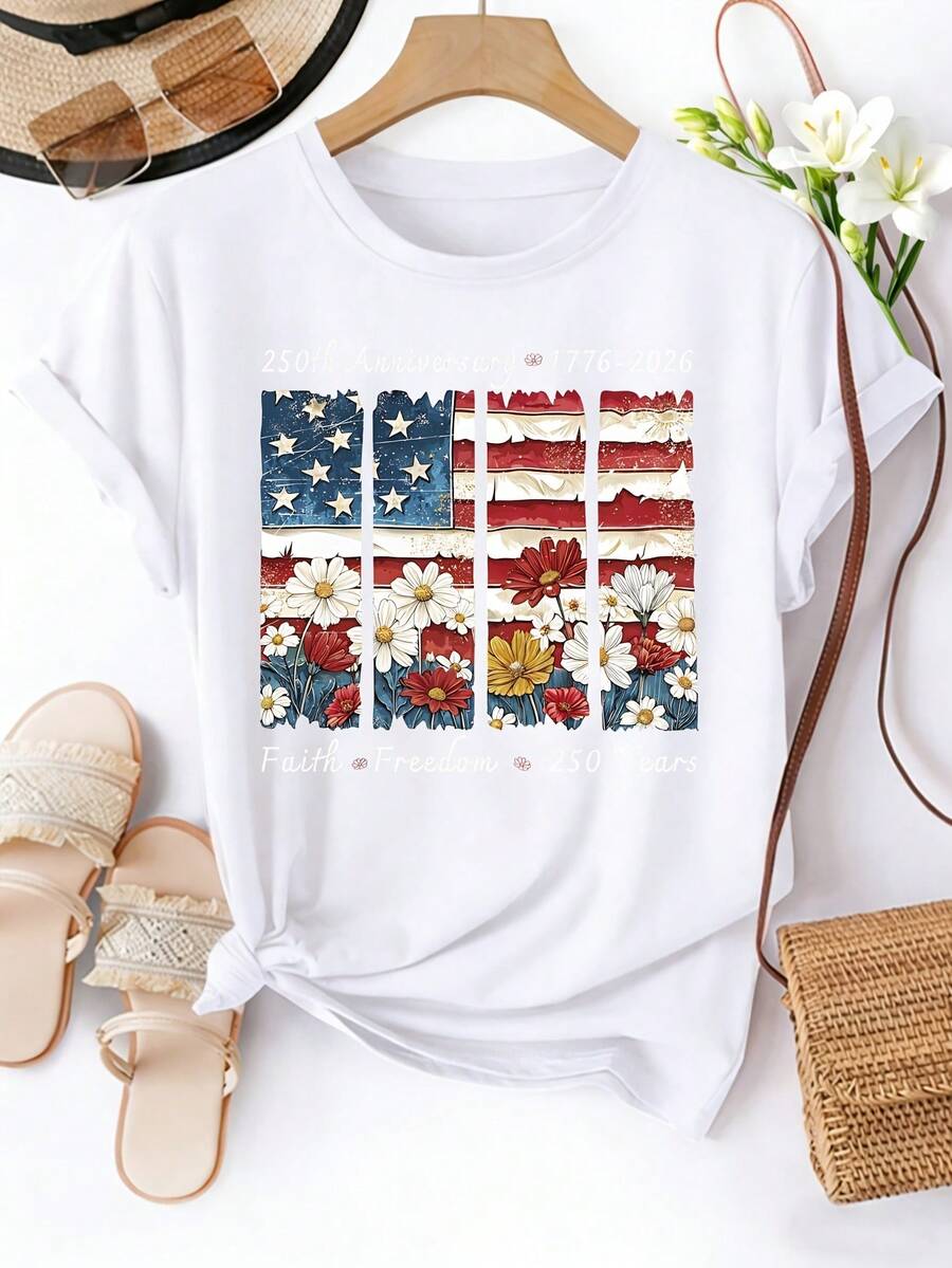 Women's Plus Size Short Sleeve T-Shirt With Round Neck And Casual Fit, Featuring Floral Print Of The American Flag, Machine Washable, Spring/Summer T-Shirt, Fun Design, Comfortable Fit, 250th Anniversary Of The United States T-Shirt. - 白色 - 查看 1