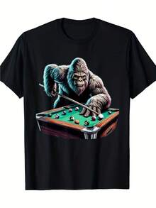 Camiseta Deportiva Casual para Mujer con Ilustración de Gorila y Diseño de Mesa de Billar - Camiseta Negra Elástica de Cuello Redondo, Lavable aáquina, Ajuste Cómodo y Apta para Todas las Estaciones, para Uso Diario y Ocasiones Informales. - Negro - Ver 1