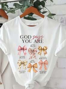 Women's Inspirational Bow Print T-Shirt - White Polyester, Casual Short Sleeve Crew Neck, Machine Washable, Perfect For Spring/Summer - White - View 2
