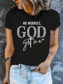 1 Piece Women's T-Shirt "God Got Me", Comfortable Round Neck, Casual Cotton Blend, Short Sleeve, Soft And Breathable, Women's Clothing, Summer And Spring T-Shirt, Urban Style, 180g 100% Cotton Fabric - 黑色 - 查看 12